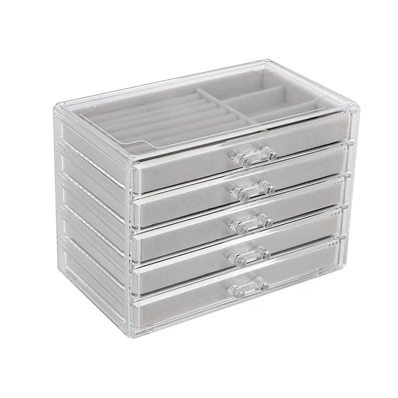 Jewelry Organizer With 5 Drawers Clear Acrylic Jewelry Box Gift Stackable Velvet Earring Display Holder makeup organizer acrylic cosmetic storage drawers and jewelry display box skin care stackable storage box for vanity