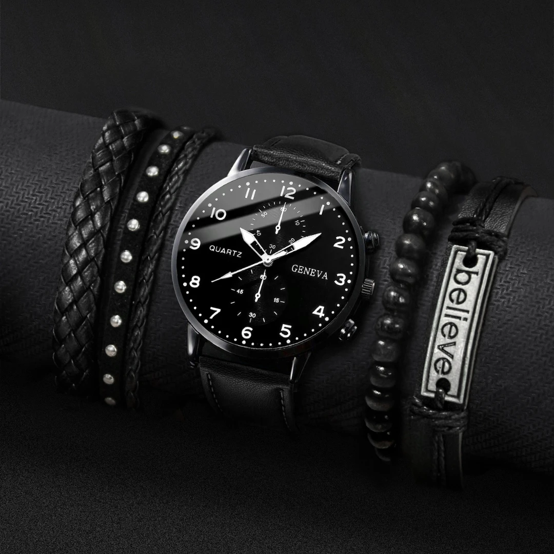 5PCS/Set Men's Business Watches Fashion Arabic Dial Leather Band Quartz Watch Bracelets Set（Without Box） 2