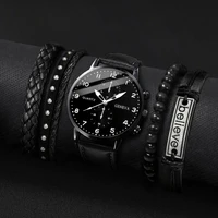 5PCS/Set Men's Business Watches Fashion Arabic Dial Leather Band Quartz Watch Bracelets Set（Without Box） 2
