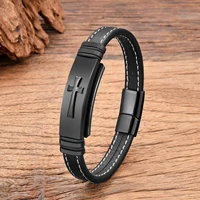 Black Gold Plated Cross Stainless Steel Bracelet for Men, Weaving Leather Chain Jewelry Accessory, Punk Bracelets, High Quality 1