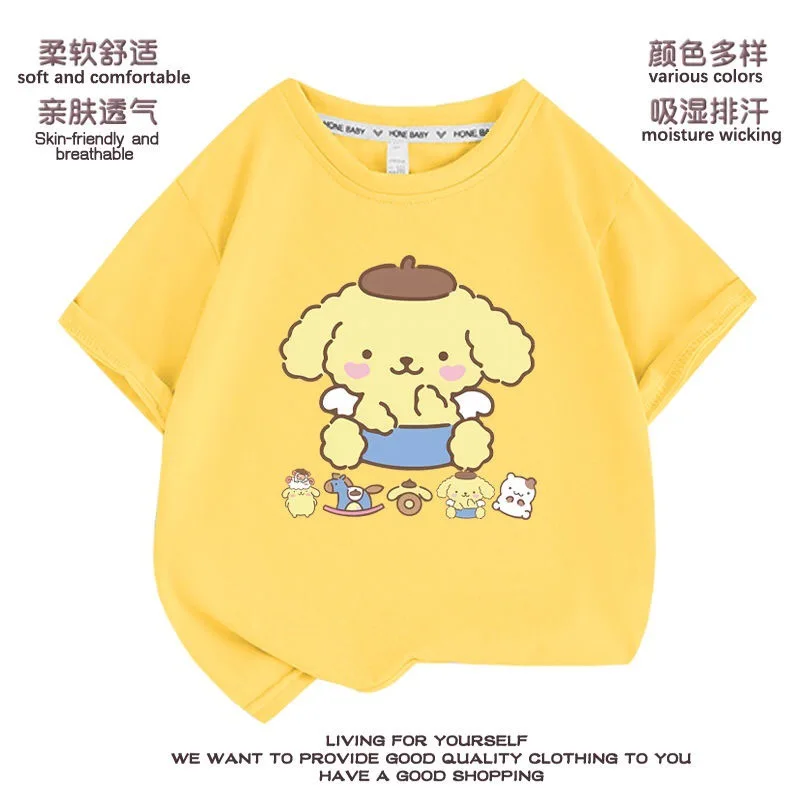 

Sanrio Kuromi Pompompurin Short-sleeved Girls' T-shirt Summer Clothes Baby Loose Half-sleeved Tops for Middle and Large Children