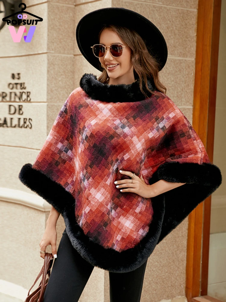 

New in Autumn Winter Women Capes Fashion Loose Imitation Fur Collar Colorful Plaid Pattem Warm Thick Shawls Streetwear Pullover