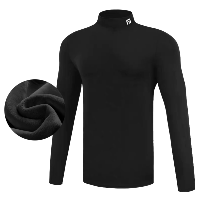 Mens Golf Shirt Winter Thremal Underwear T-shirt for Men Warmth Elastic Long-Sleeved T-Shirt Solid Color Golf Clothing Thin Velvet Heating Fiber