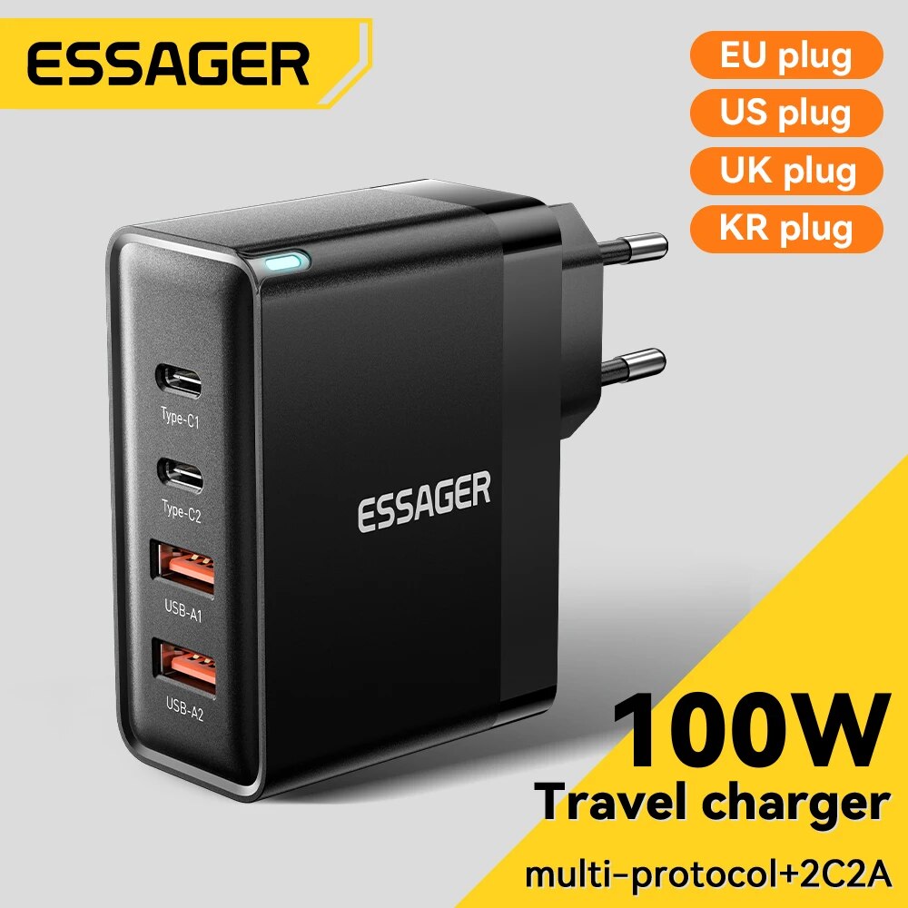  Essager 100W GaN USB Type C Caricabatterie PD QC Quick Charge 4.0 3.0 Type C Ricarica Rapida Per iPhone 14 13 12 Xiaomi Macbook 