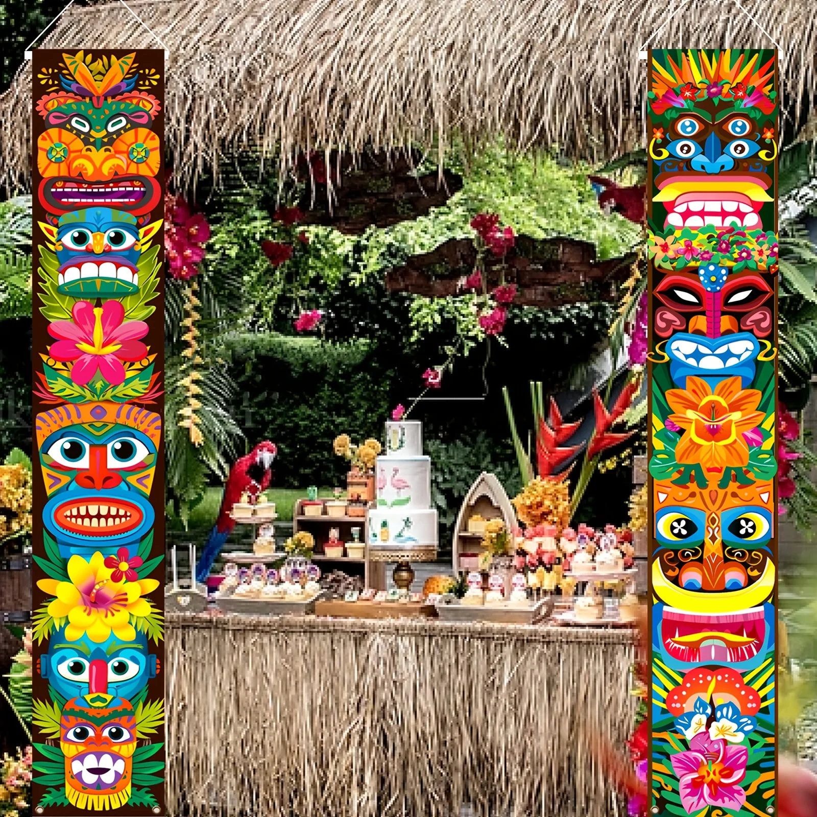 1 Paar lebendige Tiki-Totem-Verandaschilder – farbenfrohe hawaiianische hawaiianische Partydekorationen mit Hibiskus-Hängewänden – Detail 3