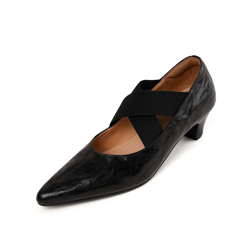 

Sheepskin Women Pump Ladies Shoes 2023 Summe Spring Autumn Black Brown Point Toe Thin Bottom Cross-Tied Low Heel
