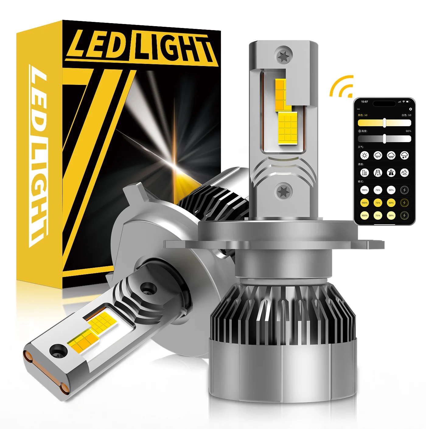 2개입 CANBUS 앱 제어 H4 LED 9003 HB2 상/하향등 자동차 헤드라이트 전구 미니 터보 3000K 4300K 6000K 3색 안개등 팬 포함