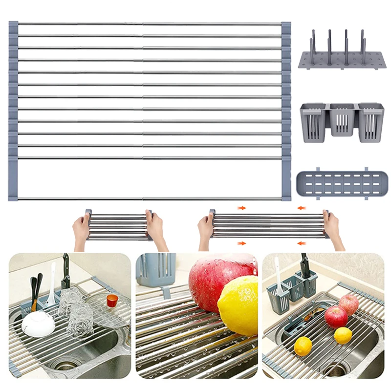 Stainless Steel Roll Dish Drying Rack Kitchen Foldable Drain Rack