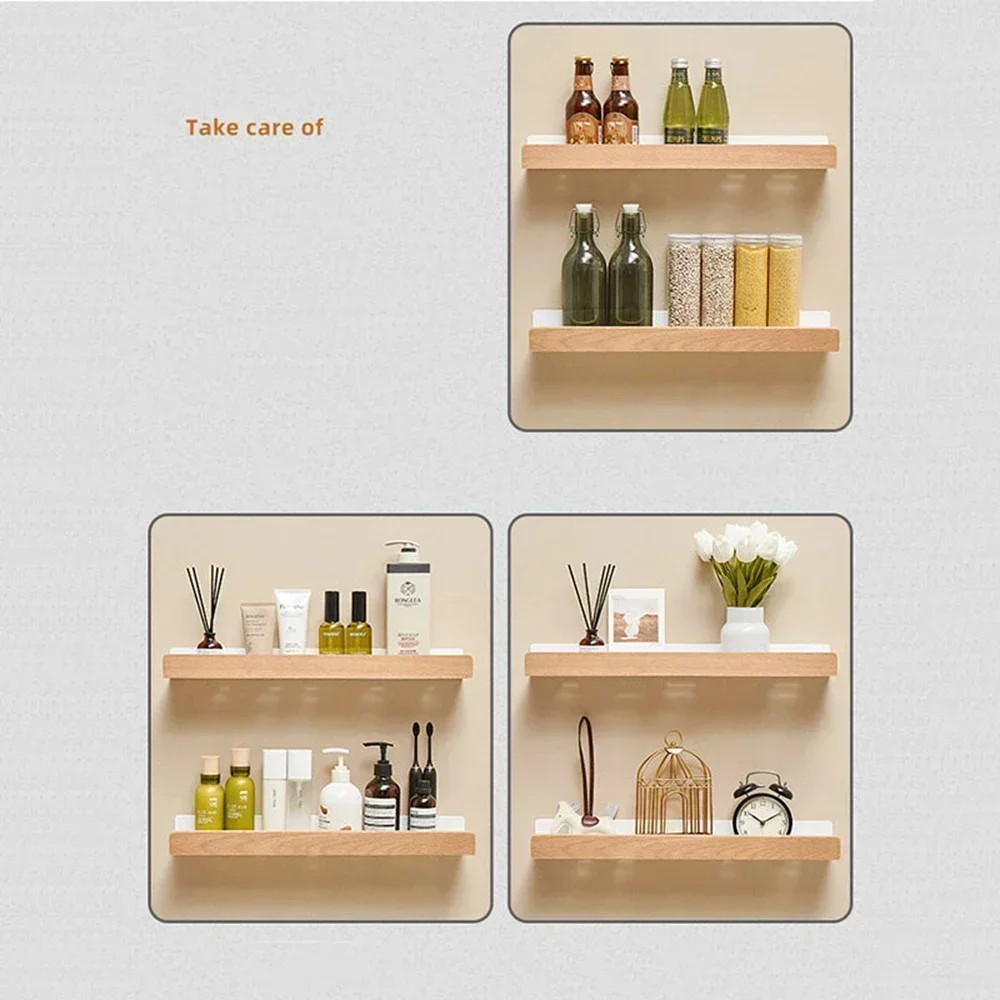 Bathroom Wood Shelf Holder Bath Shower Corner Rack Wall Mounted No Drill Shelves Organizer Kitchen Bathroom Storage Accessories 5