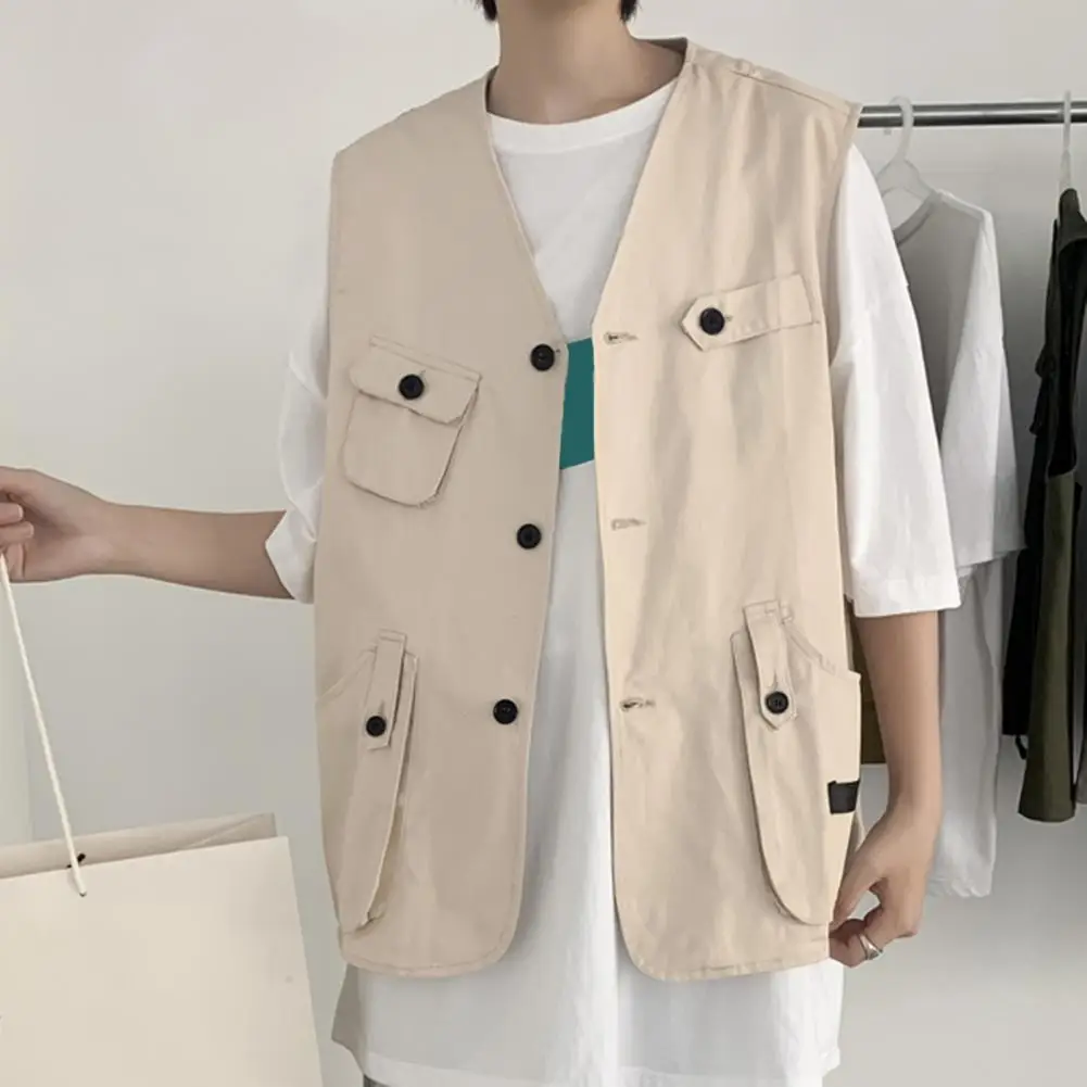 Description Picture 4 of itemMen Cargo Waistcoat Men's Collarless Cargo Waistcoat with Multi Pockets Solid Color Outdoor Vest Coat for Style Sports Vest Coat