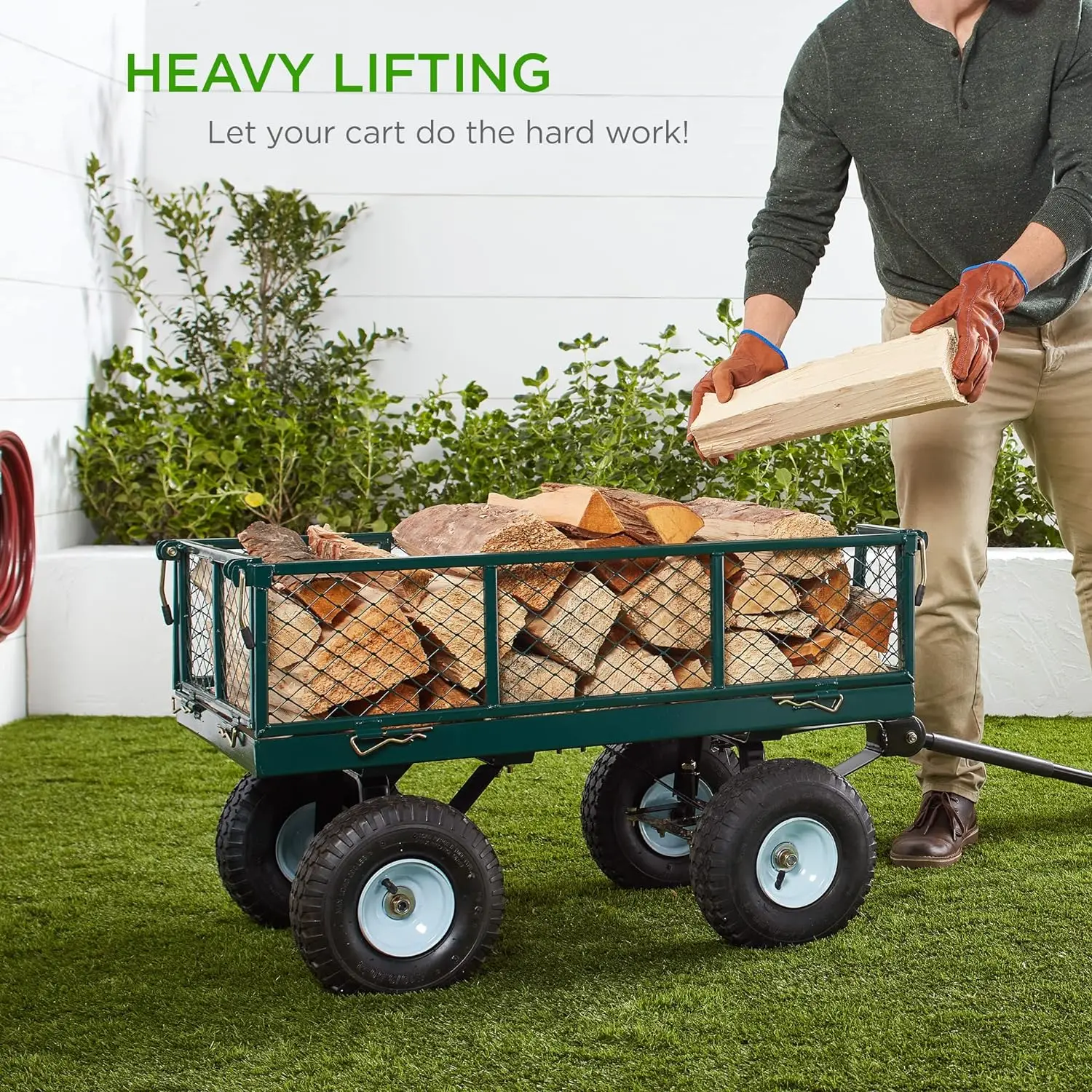 Utility Garden Cart Wagon for Lawn, Yard w/Heavy-Duty Steel 400lb Weight Capacity, Removable Sides, Long Handle, 10in Tires images - 6