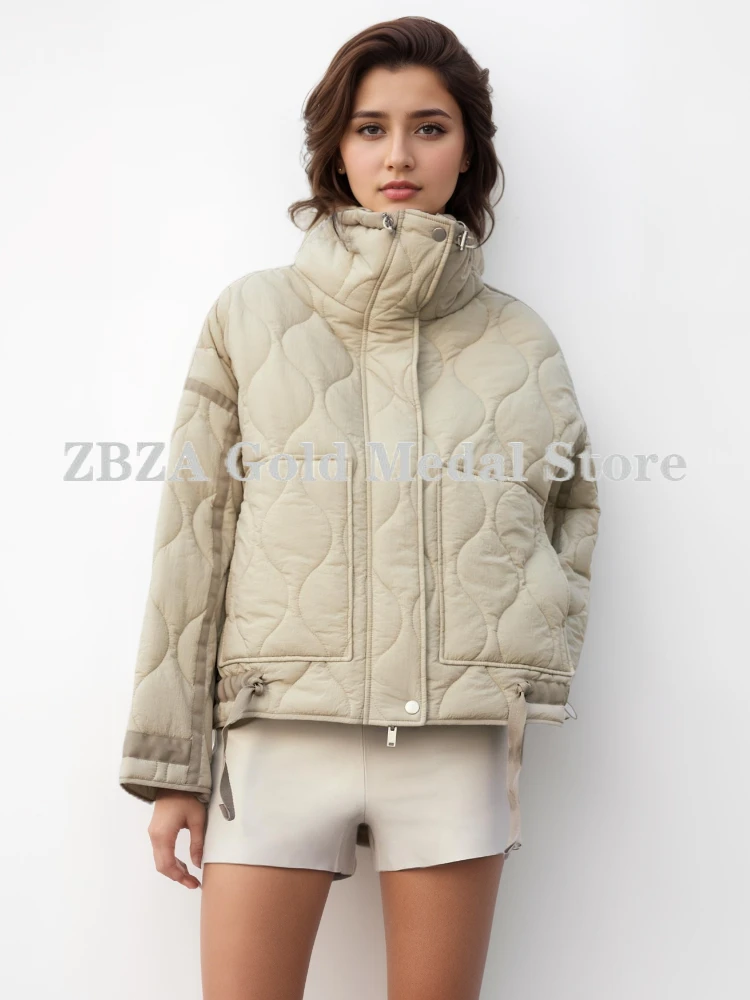 ZBZA Women Color Matching Jacket Quilted High Neck Long Sleeves Invisible Zip Button Big Pocket Warm Outerwear Winter Lady Coat