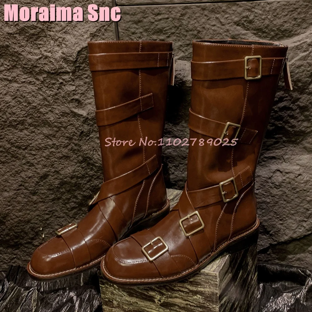 

Belt Buckles Round Toe Knee High Boots Block Mid Heel Back Zipper Sexy Fashion Women Long Boots Autumn Winter Retro Brown Solid