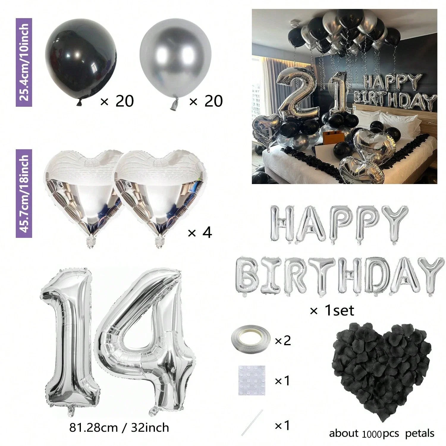 55 schwarze und silberne Luftballons + 1000 Blütenblätter, silbernes Happy Birthday-Banner, silberne Chrom-Luftballons, Partydekoration für Kinder und Erwachsene – Detail 7