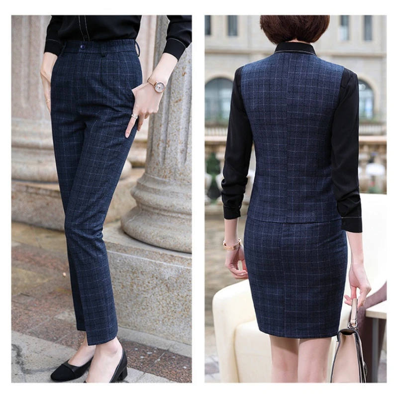 (Blazer+vest+pants or skirts) Women's suit 3-piece set, lattice women's suit set, office women set，Blazer set for women