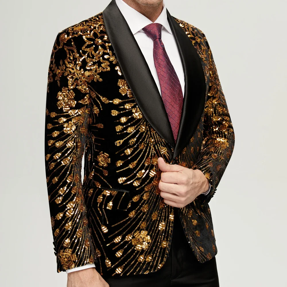 Men's Gold Sequin Blazer Jacket Men 2023 Fashion Slim FIt One Button Dress Suit Blazer Male Party Wedding Stage Costume Homme 3