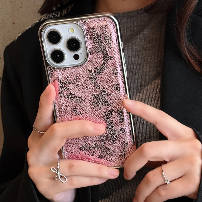 Luxury Stylish Wrinkle Leather Electroplated Phone Case with Shockproof Back Cover