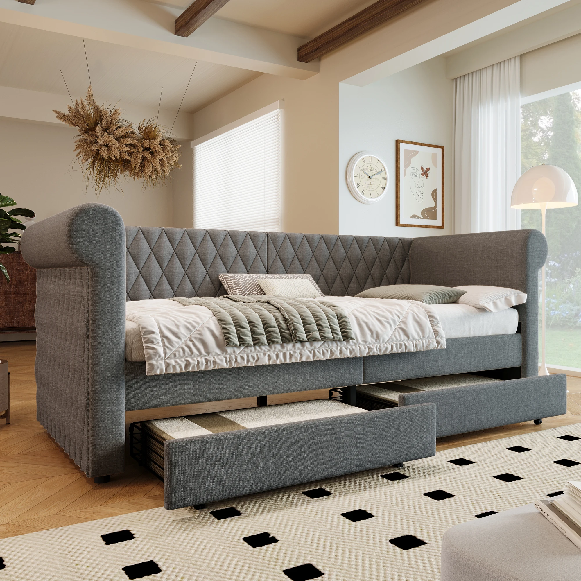 KOMHTOM Vintage Polsterbett Sofabett Tagesbett 90x200 cm, 2 Stauraum-Schubladen, Holz-Lattenrost, Linen-Material, ohne Matratze – Detail 2