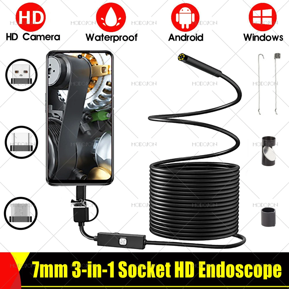 7mm HD Endoscope Camera Mirco USB Type-C OTG Snake Cable Endoscopy Waterproof Videoscope Inspection Android Windows PC Borescope wifi security camera