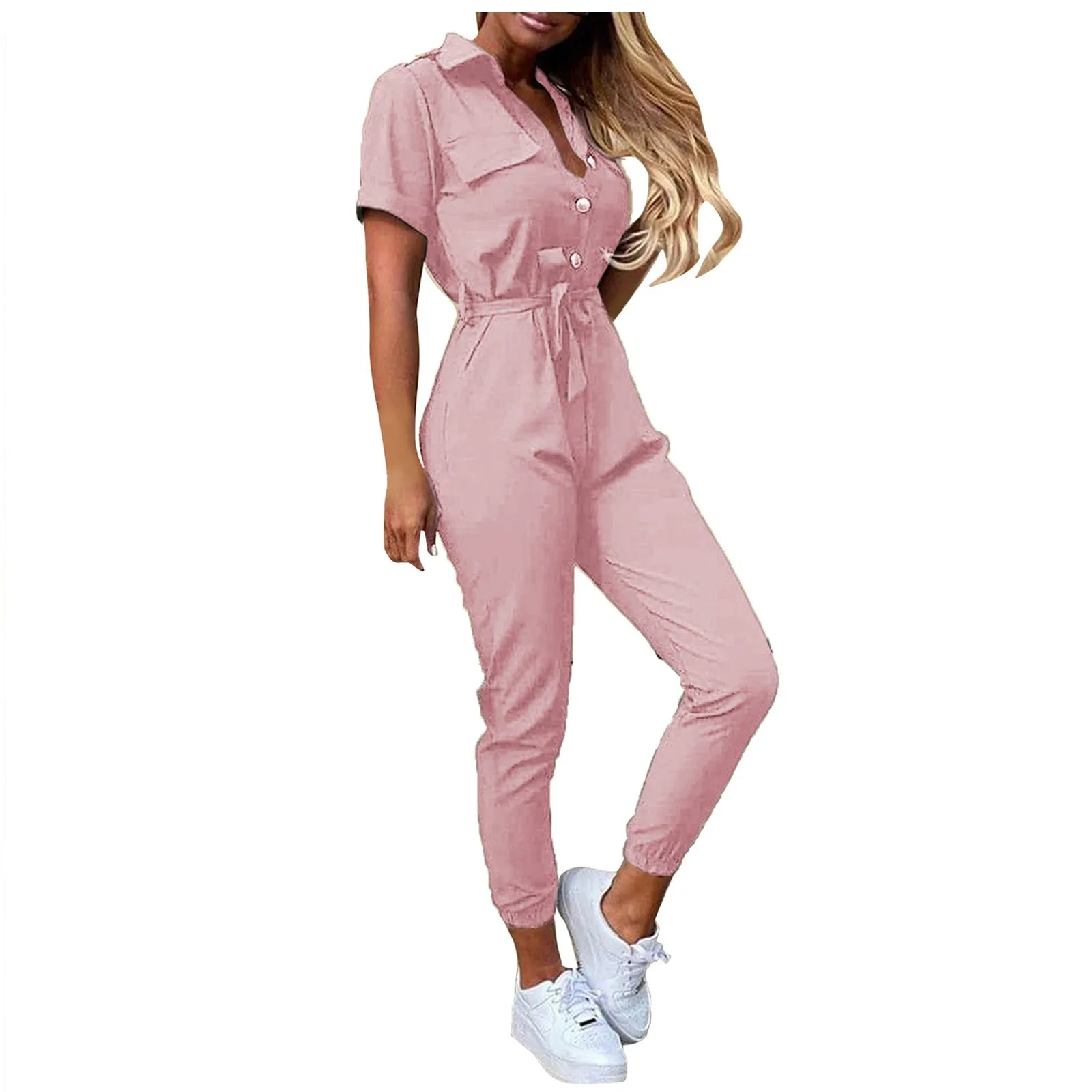 

Solid Jumpsuits For Women New Fashion Vintage Belt Short Sleeve Slim Overalls Chic Streetwear Tie-Up Belt Cargo Pants