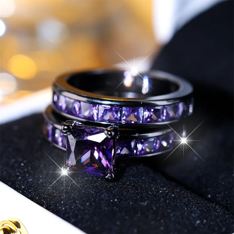 Black Gold Ring Purple Wedding Sets Princess Cut Lab Amethyst Ring