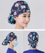 Unisex Scrub Cap Adjustable Cotton Printing Beanies Hats Sweat-absorbent Cap Long Belt Nurse Hat Lab Pet Doctor Surgicals Cap
