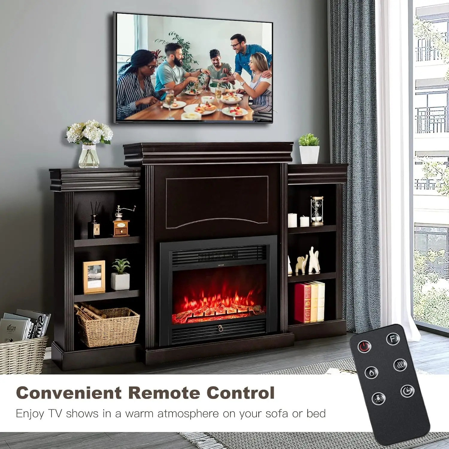 70" Mantel Fireplace TV Stand 750W/1500W Electric Fireplace Heater Insert Cabinet w/Remote Control 1-8H Timer 5-Brightness
