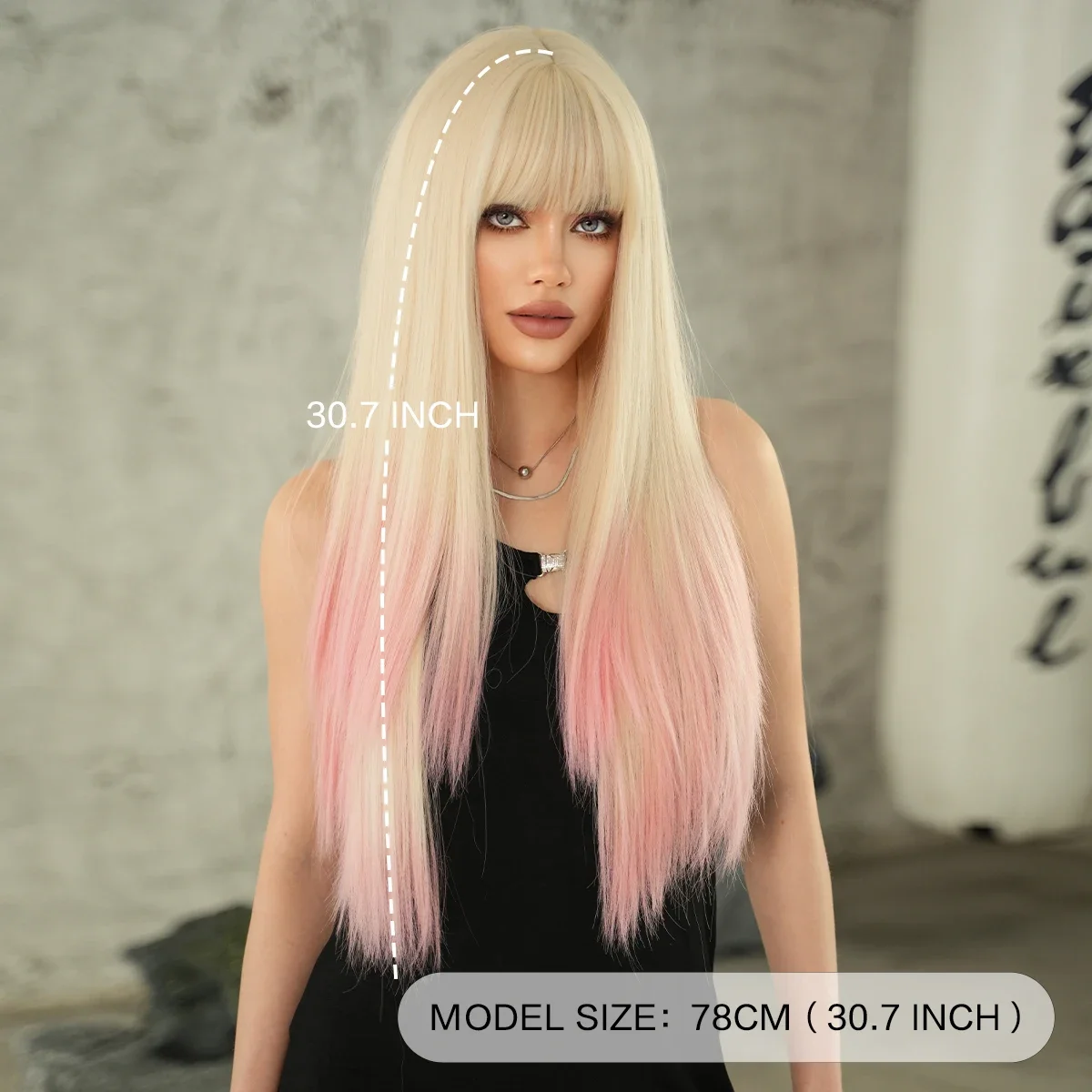 NAMM Long Body Straight Silver Ash Hair Wig With Bangs For Women Daily Party High Density Hair Ombre Wigs Heat Resistant Fiber