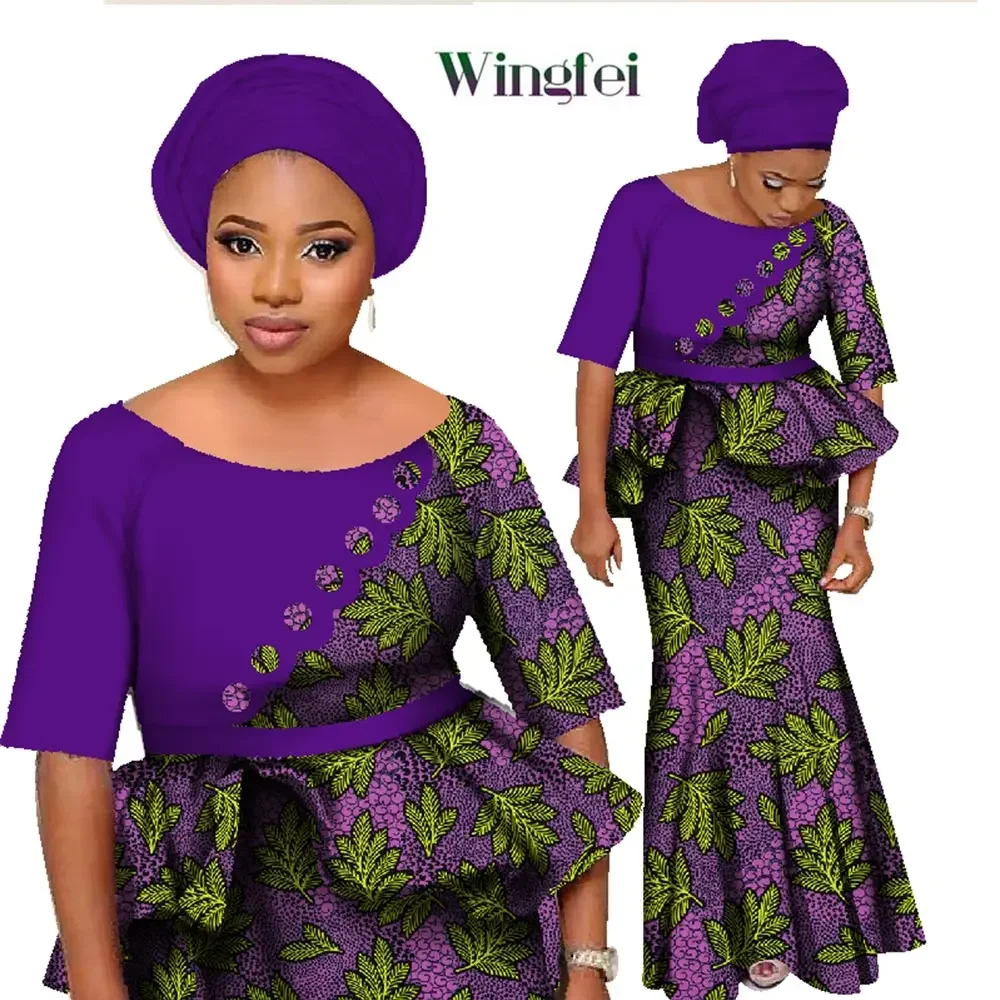African Clothes for Women 3 Pieces Set Lady Crop Tops and Long Skirt with African Headwrap Dashiki Clothing WY1252