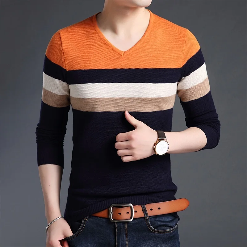 

Korean Fashion Brand Slim Fit V Neck New Knitted Jumper Men Pullover Striped Sweater Autum High Quality Casual Men Clothes