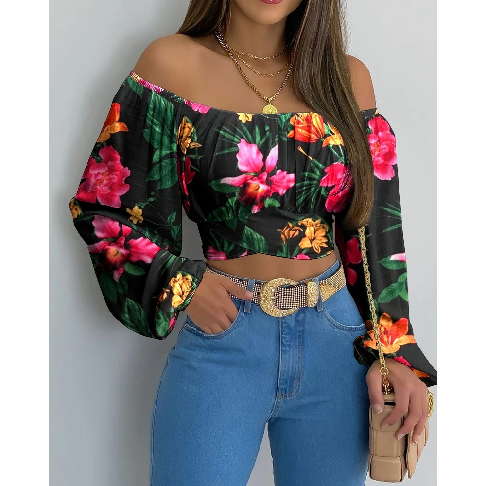 

Autumn Women Leaf Print Crossed Tied Crop Top 2024 Femme Casual Off Shoulder Ruched Long Sleeve Blouse y2k Office Lady Outfits