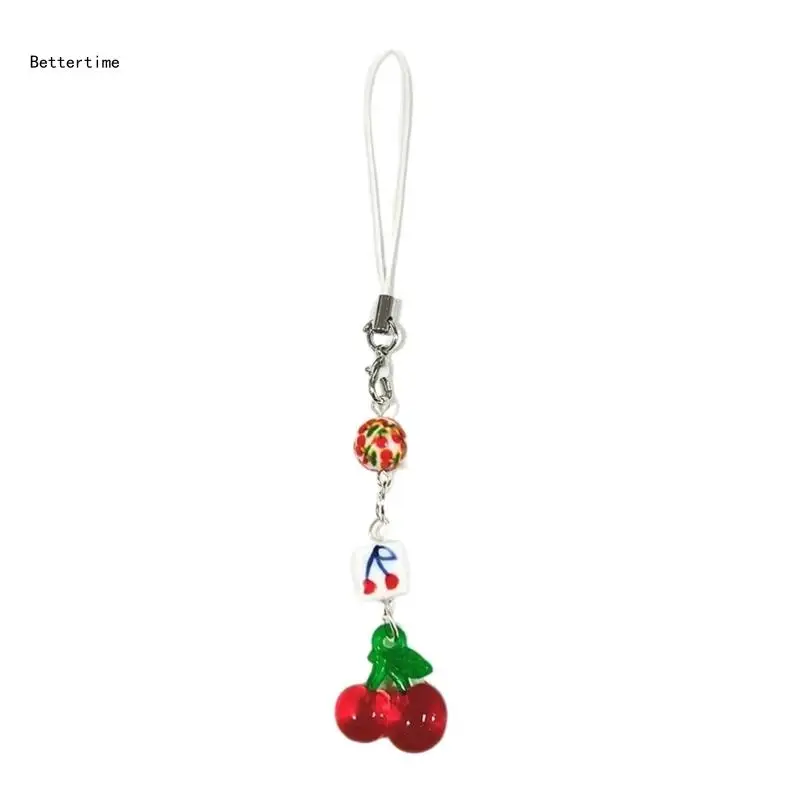 

B36D Fashion Cherry Bead Hangings Pendant Phone Strap Bag Decoration Portable Hangings Lanyard Gift for Girls Women