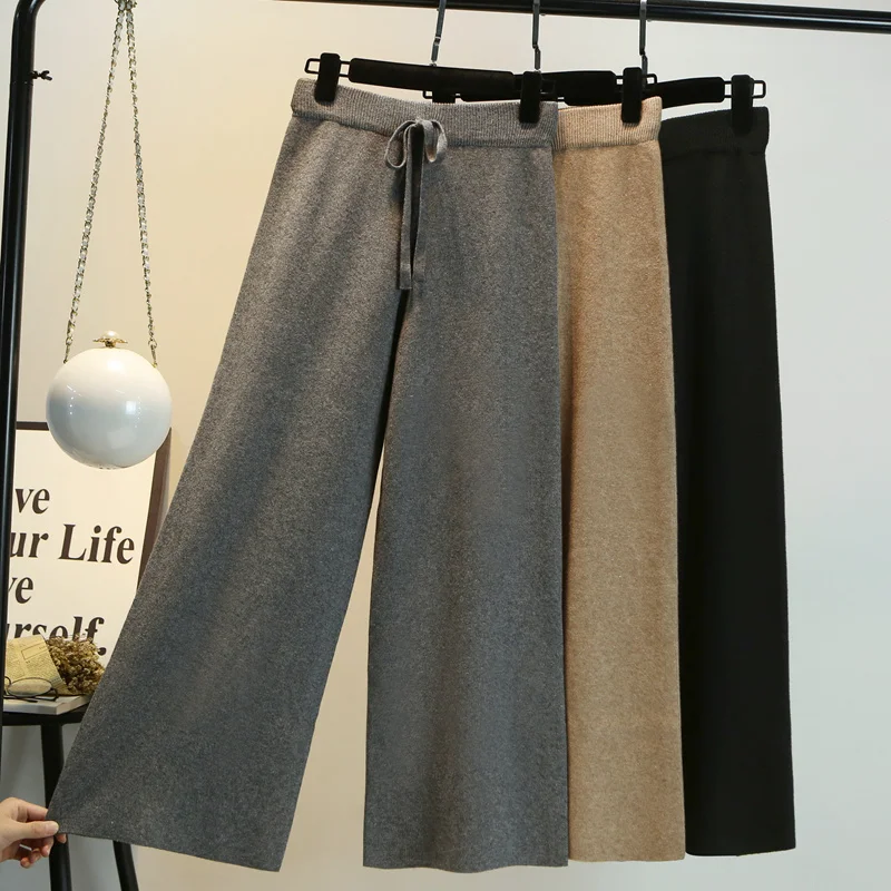 Knitted Wide Leg Pant Women Solid Colors Lace Up Autumn Winter Baggy Trousers All-Match Casual Ankle-Length Pants Korean Fashion