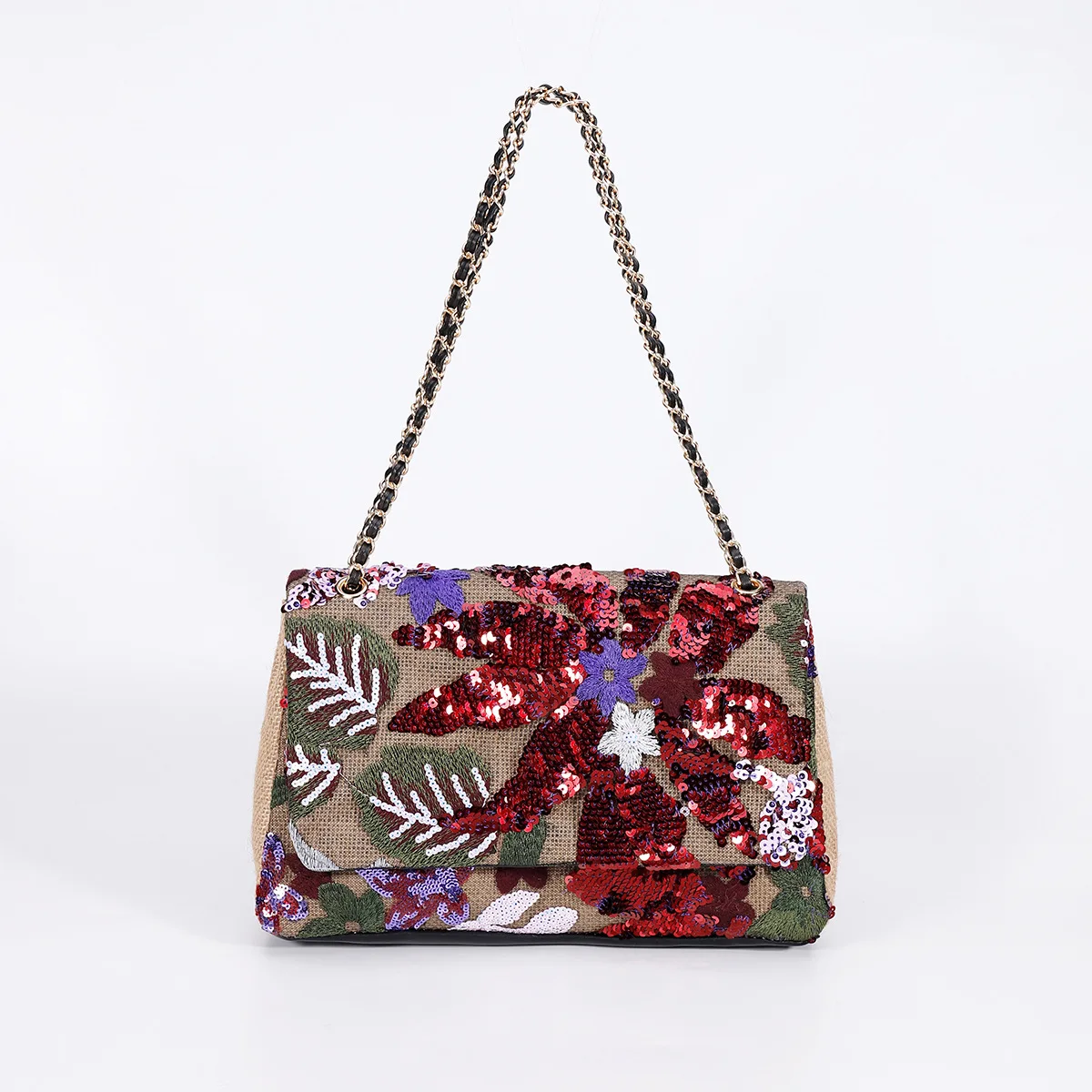 Women Straw Sequin Underarm Flower Pattern Bag Large Capacity New Style Braided Chain Crossbody Border Shoulder Bag