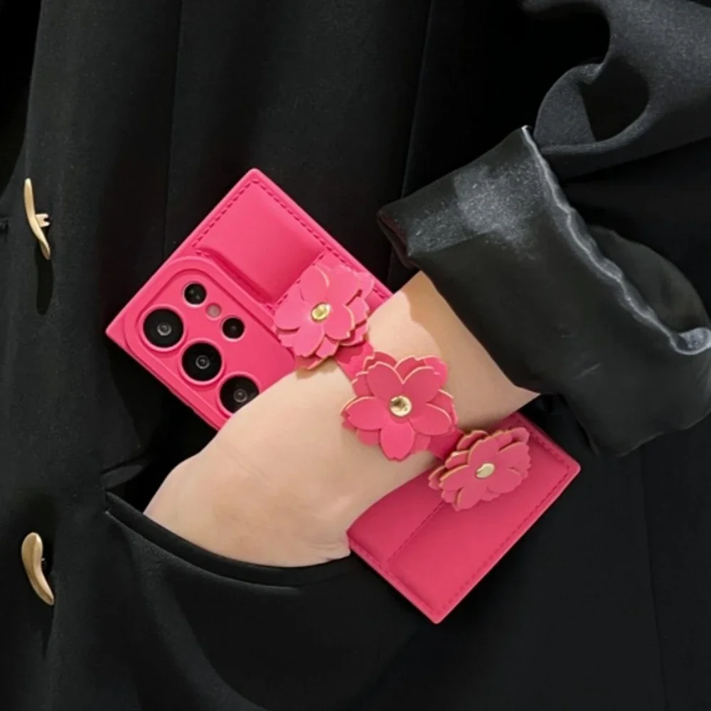Fashion Camellia Flower Wrist Strap 3D Down Jacket Phone Case Cover