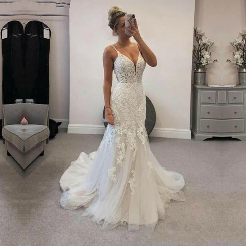 

Elegant Spaghetti Straps Appliques Lace Tulle V-neck Mermaid Wedding Dress Robe De Mariage Bridal Gown vestido de noiva 2022