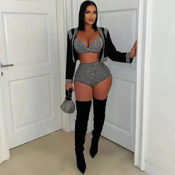 Sparkly Diamonds 3 Piece Short Sets Woman Outfits Rhinestones Luxury Birthday Cropped Jacket Top and Bra and Shorts Set Clubwear 1