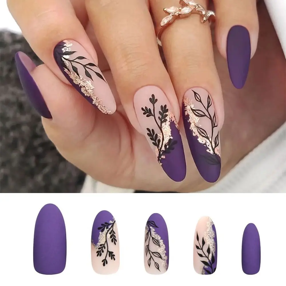 

Long Oval False Nails Manicure Gold Glitter French Press on Nails Detachable Purple Leaf Nail Tips DIY
