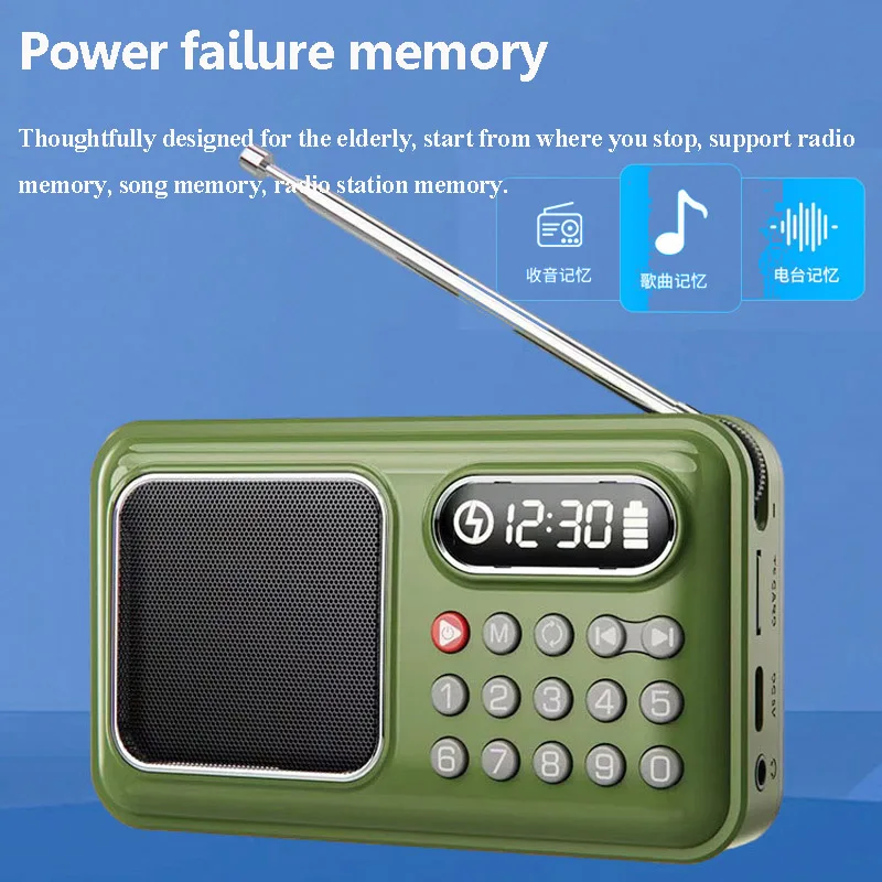 Mini Pocket FM Radio Portable Rechargeable Radios Receiver Wireless Bluetooth Speaker TF Card USB Music Player Power off Memory