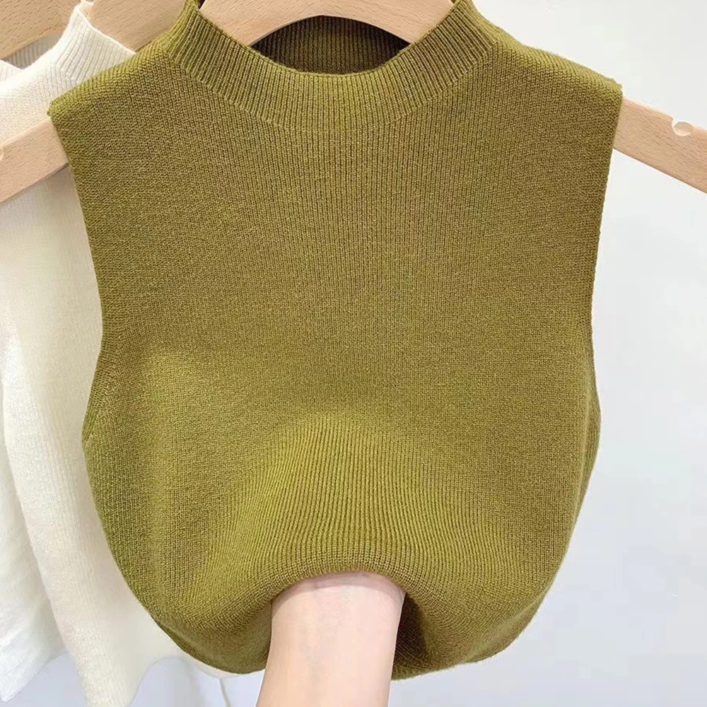 Spring Autumn Tank Tees Tops Knitted Sweater Camisole Temperament Cropped Half-turtleneck Vest Women Cropped Top Sleeveless