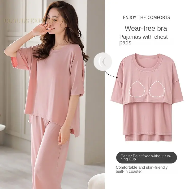 

Summer Nightwear Elegant Women's Pajama Sets Inside Bust-Padded Pyjamas Femme Sleepwear Female Loungewear Pijama Mujer Homewear