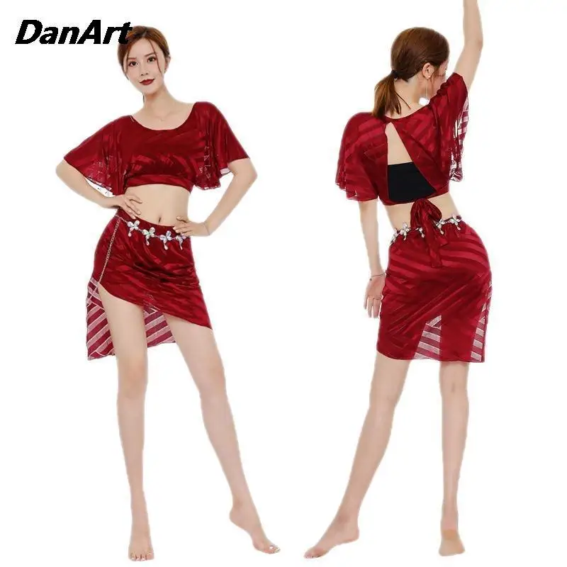 

Belly Dance Costume Set For Women Mesh Tops+Skirt Sexy Mesh Oriental Dance Practice Performance Short Skirt Goddess Clothing