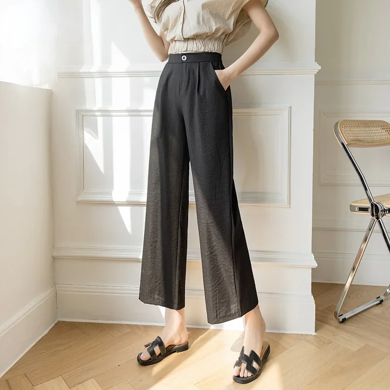 Women Cotton Linen High Waist Pants Solid Color Pockets Black Khaki Trousers Oversized Spring 2022 Fashion New Wide Leg Pants