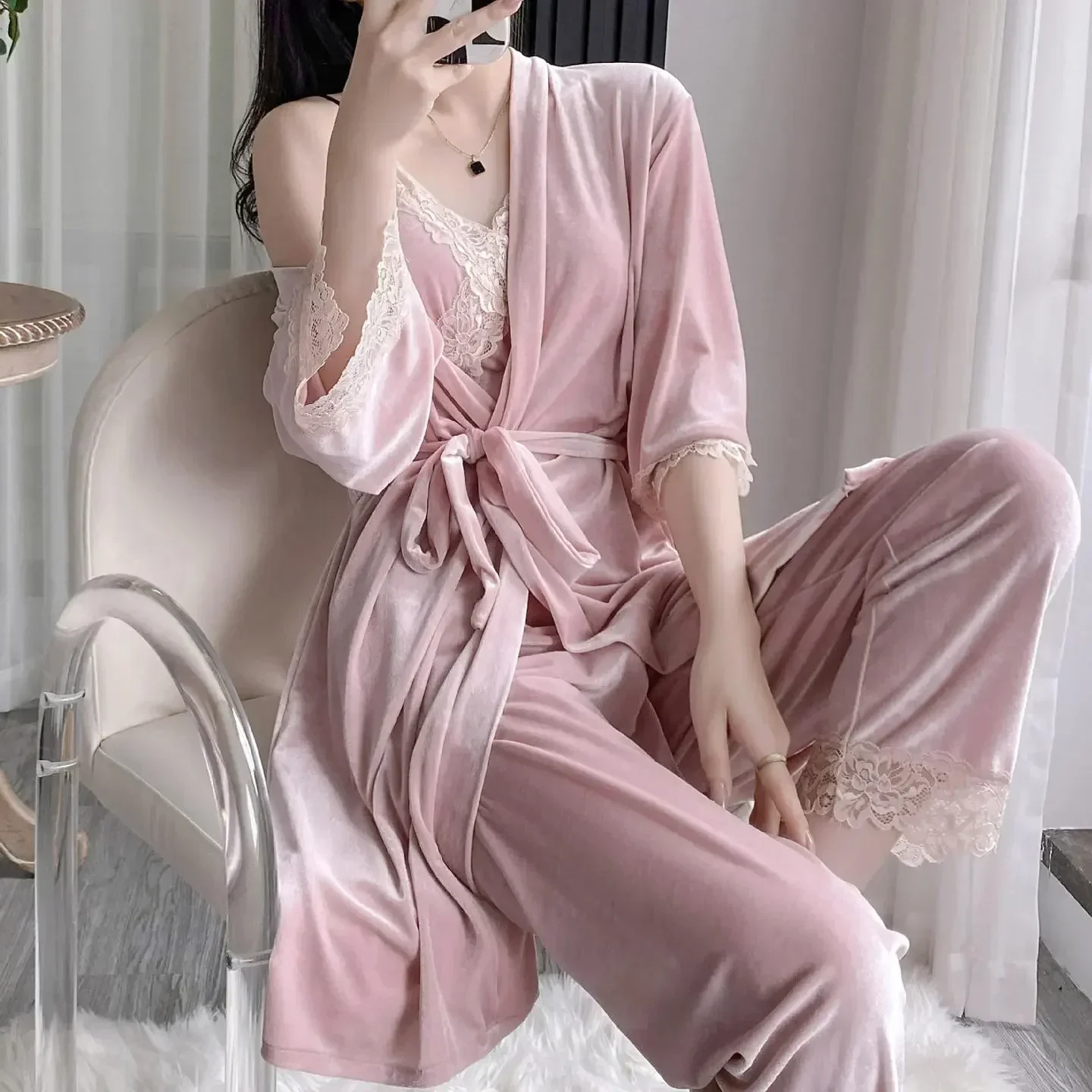 

Strap&pants&bathrobe Sleepwear Women Pajamas Nightwear Home White Velour 3Pcs Velvet Lace Clothes Pyjamas Loungewear Set Spring