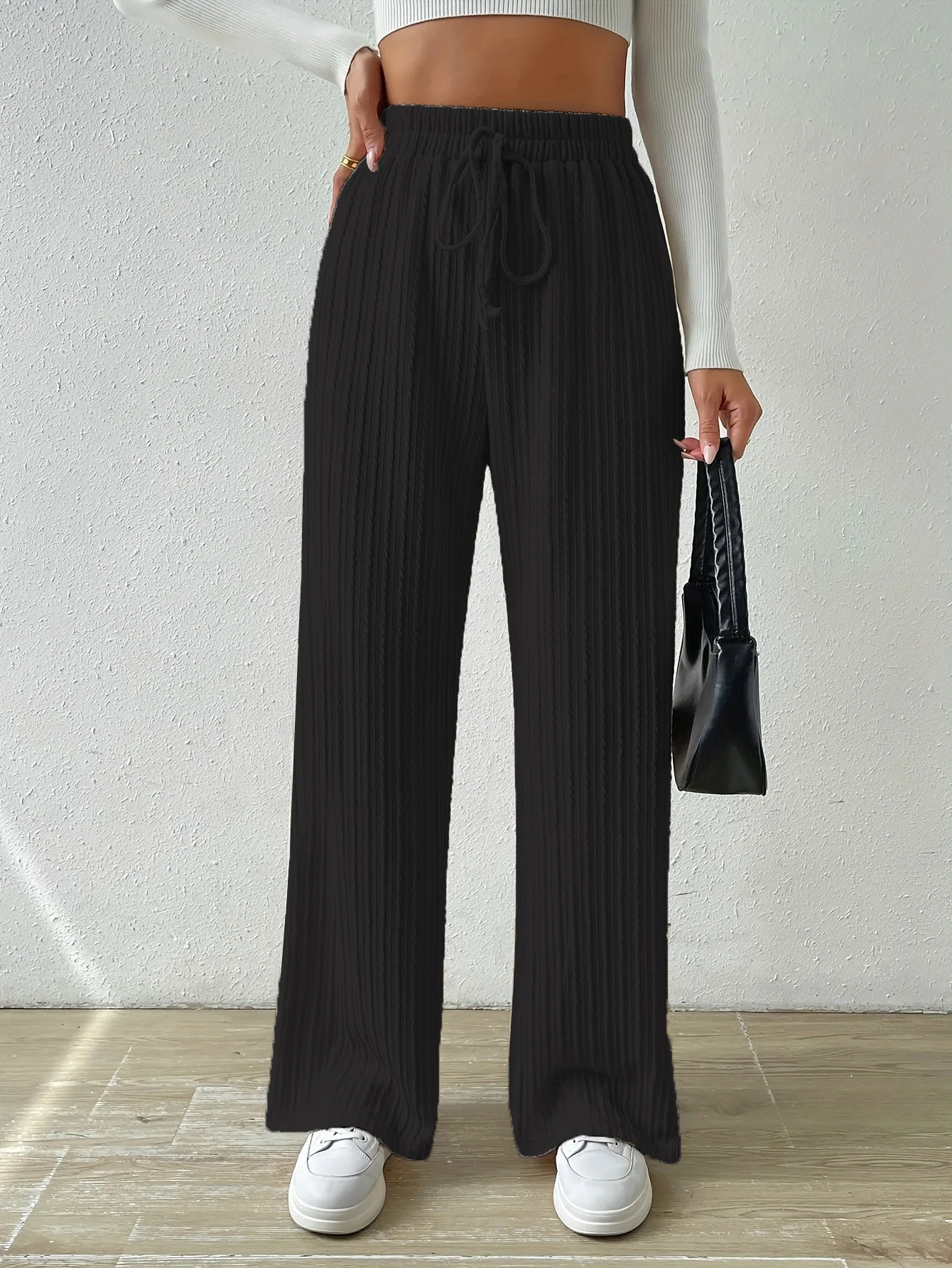 New Knit Waist Texture Wide Leg Pants Elastic High Waist Solid Color Casual Loose Straight Leg Women's Wear