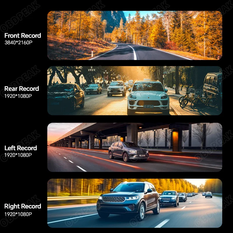OBDPEAK A8 4CH 4K WIFI Dash Cam Rear View Mirror
