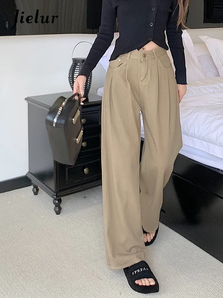 Jielur Autumn New Solid Color Slim Women Jeans Simple Basic Fashion Woman Jeans Loose Casual White Straight Leg Pants Female