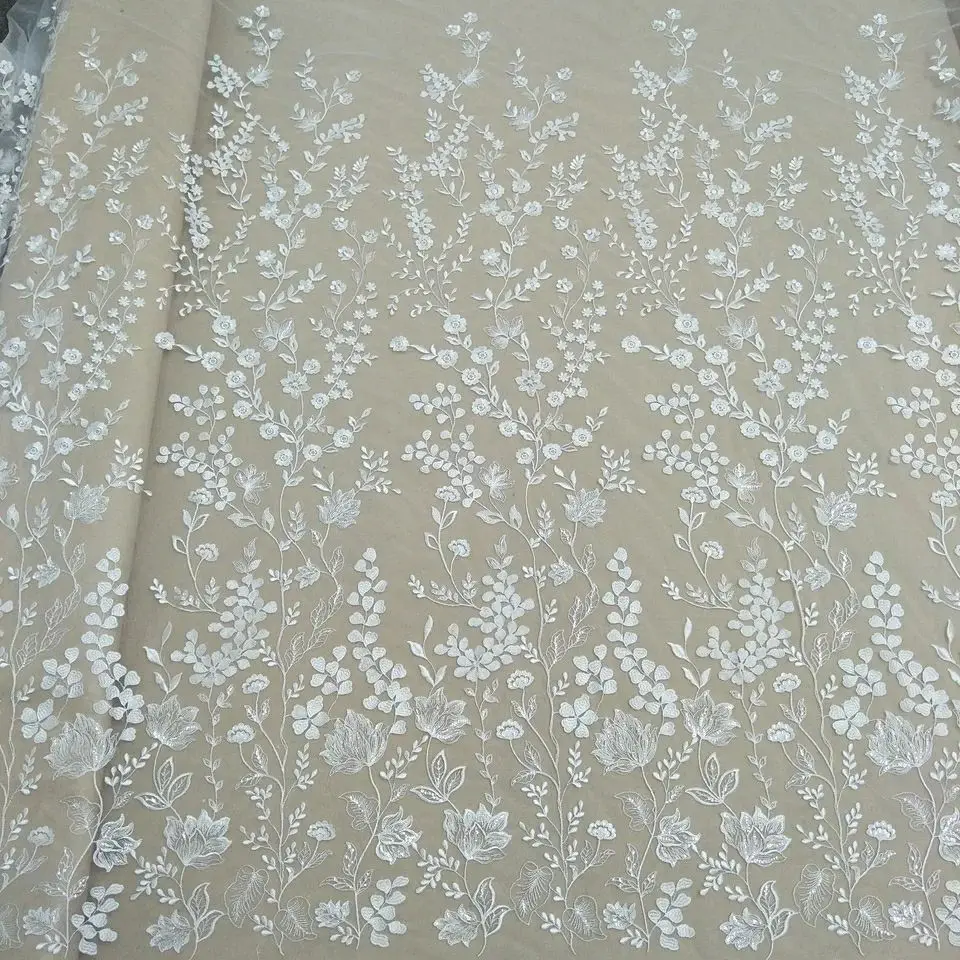 Elegant Fashion Bridal Dress Sequins Jacquard Lace Fabric Cotton Voile Lace Fabric Brocade Lace Fabric 130cm Width Wedding Dress Fabric Sequins Lace Selling by Yard