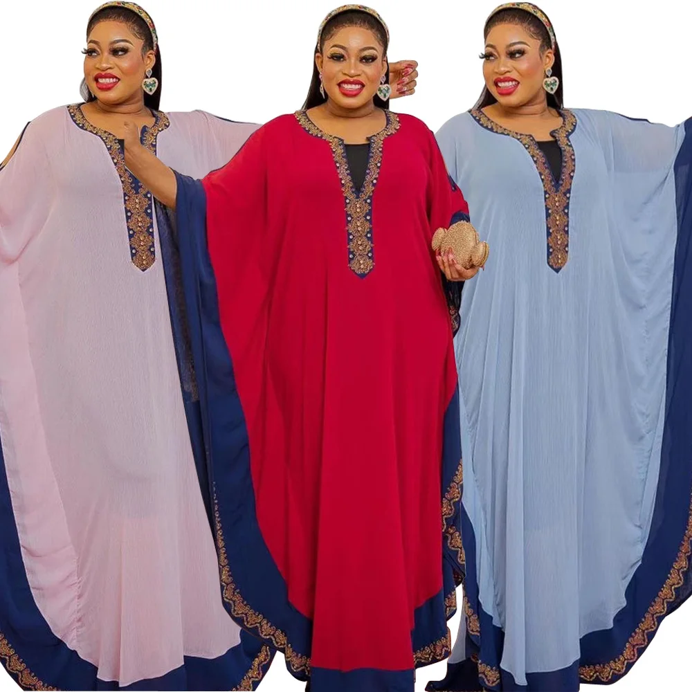 

Plus Size African Dress New Nigerian Chiffon Women Dashiki Long Dress For Wedding Party Gown Clothing Pink Diamond Robe Dresses