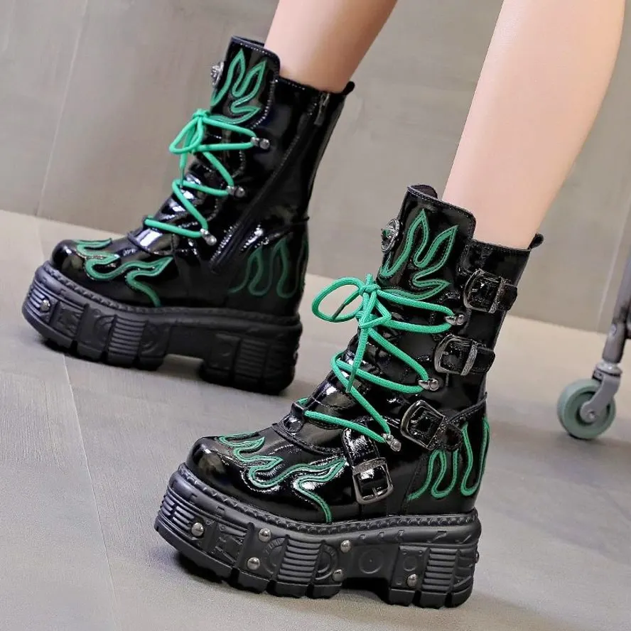 

Miltary Punk Buckle Women's Genuine Leather Ankle Boots High Heels Platform Wedge Creeper Oxfords Strap Thick Sole